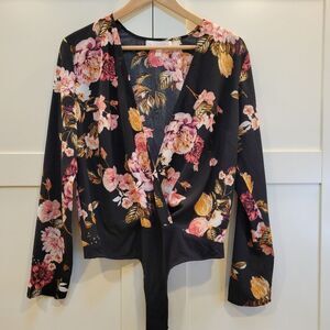 Rampage Black Floral Long Sleeve Body Suit Size L